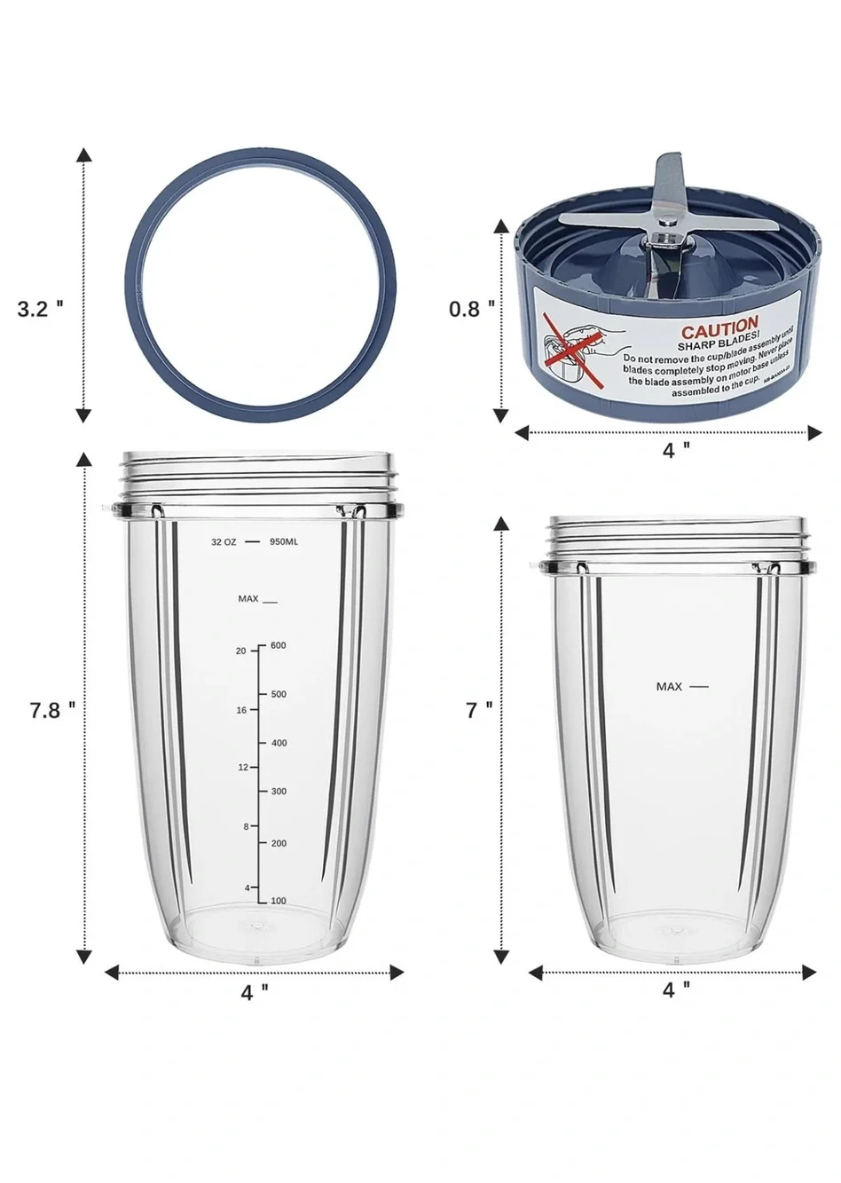 Blender Replacement Parts 3 pc 32 oz 24 oz Cups Extractor Blade 600W 900W